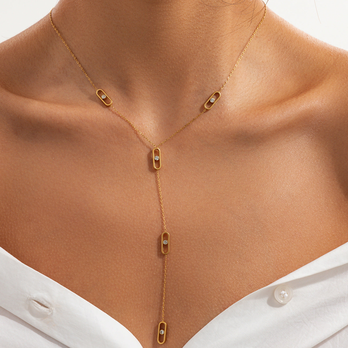 Luxury Elegant Geometric Round Pin Stainless Steel PVD Plated Layered Necklace for Women