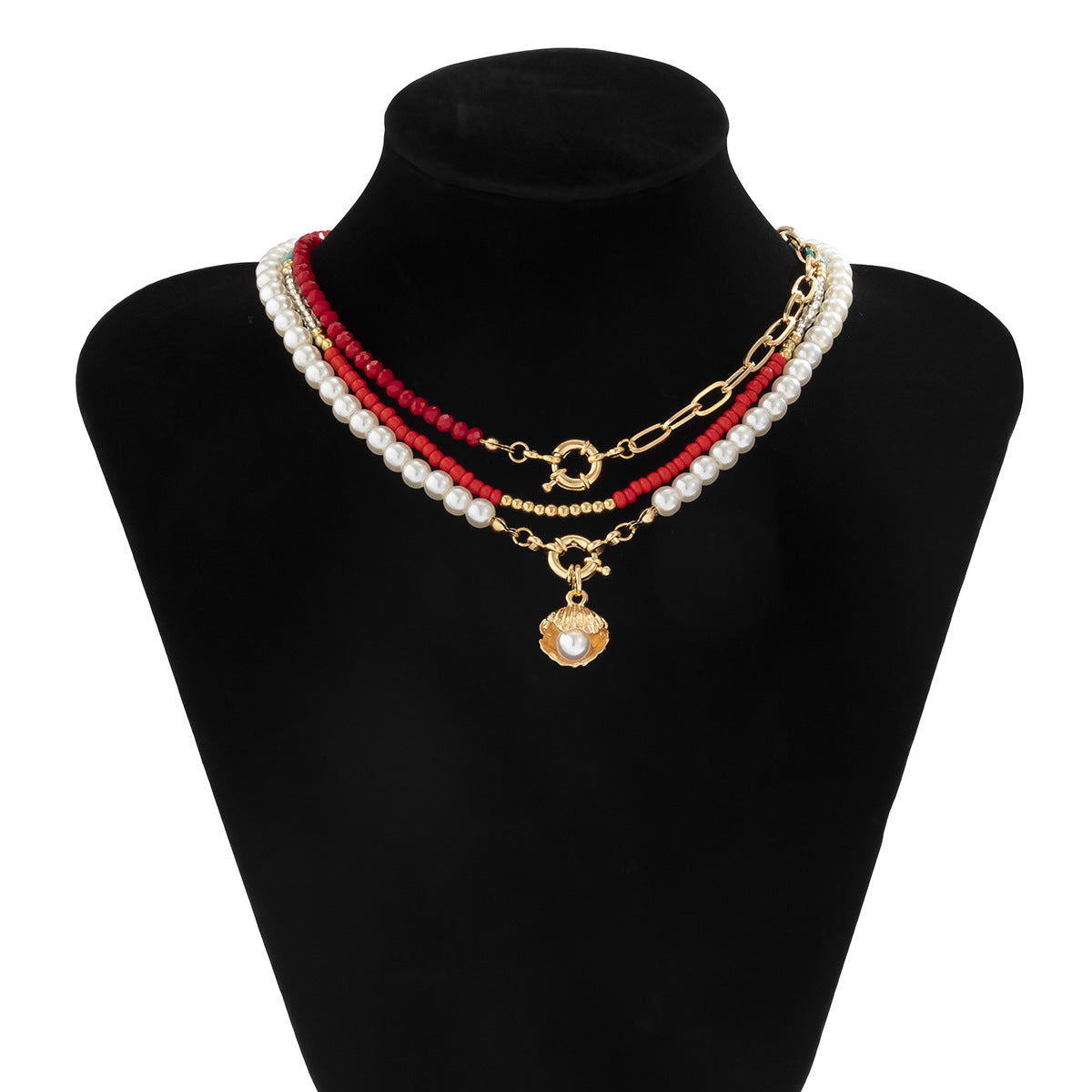 Collana con pendente a forma di conchiglia in stile etnico da donna, realizzata in lega con finitura galvanizzata e dettagli in perle e perline, su catena a sfere