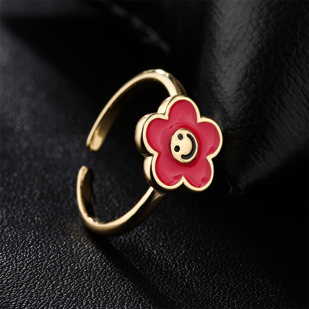Fashion Drip Oil Gold Plated Brass Geometric Flower Open Ring for Women
