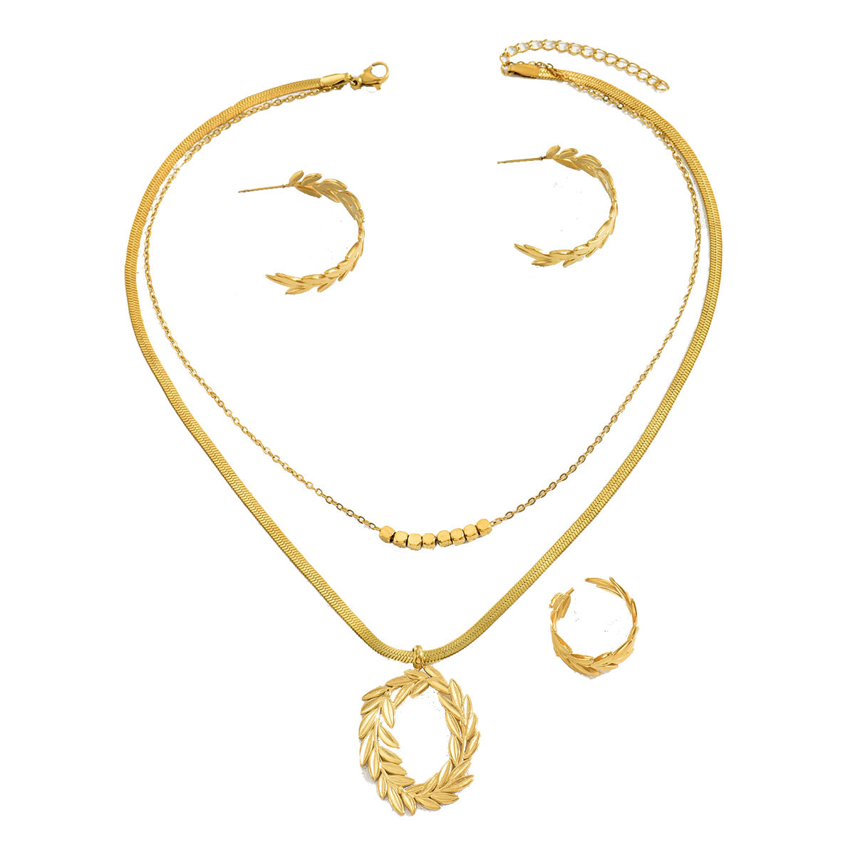 Juego de collar con colgante de espiga de trigo de estilo rústico para mujer con pendientes, anillo y pulsera con estampado floral y acabado chapado en cobre