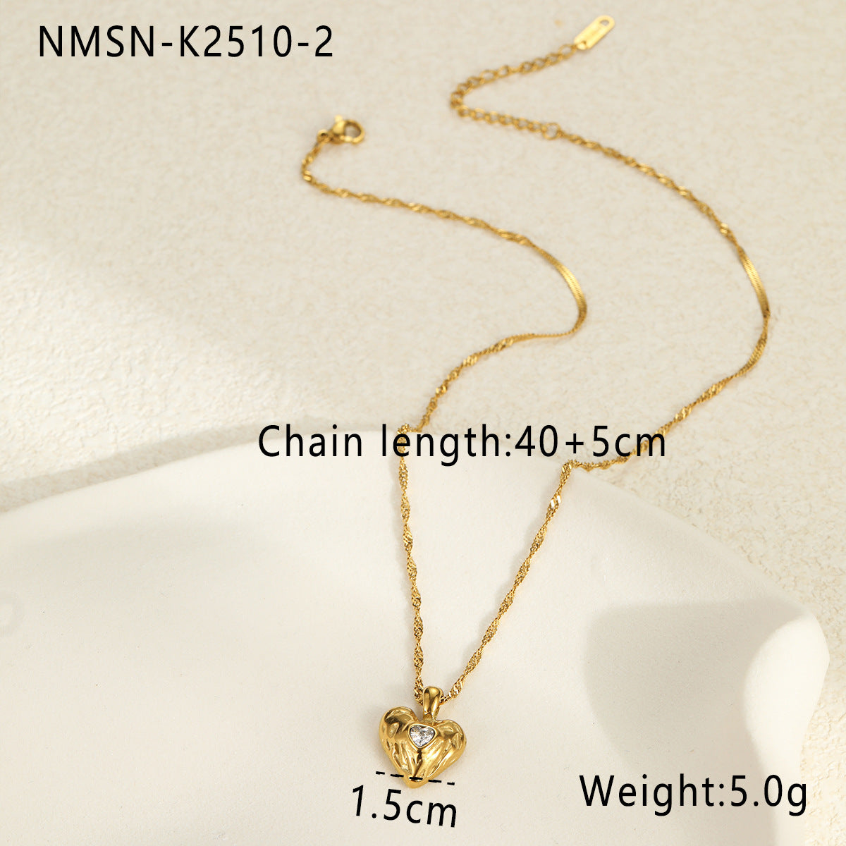 Collana con Pendente a Cuore Martellato e Strass in Acciaio Inossidabile Placcato Oro 18K per Donna