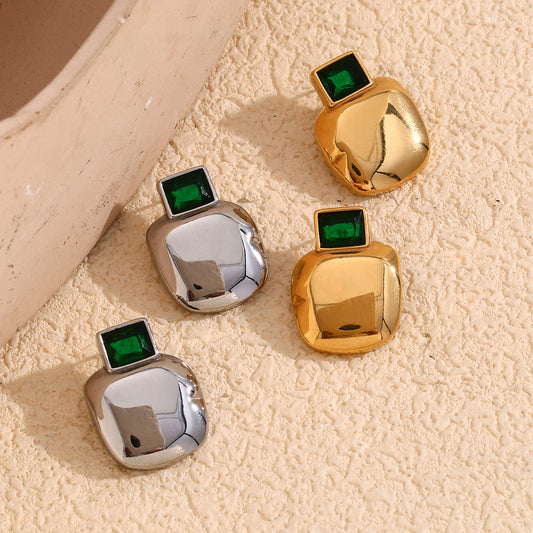 Vintage Geometric Stainless Steel Earrings with 18K Gold Plating and Polished Green Zircon Square Studs for Women