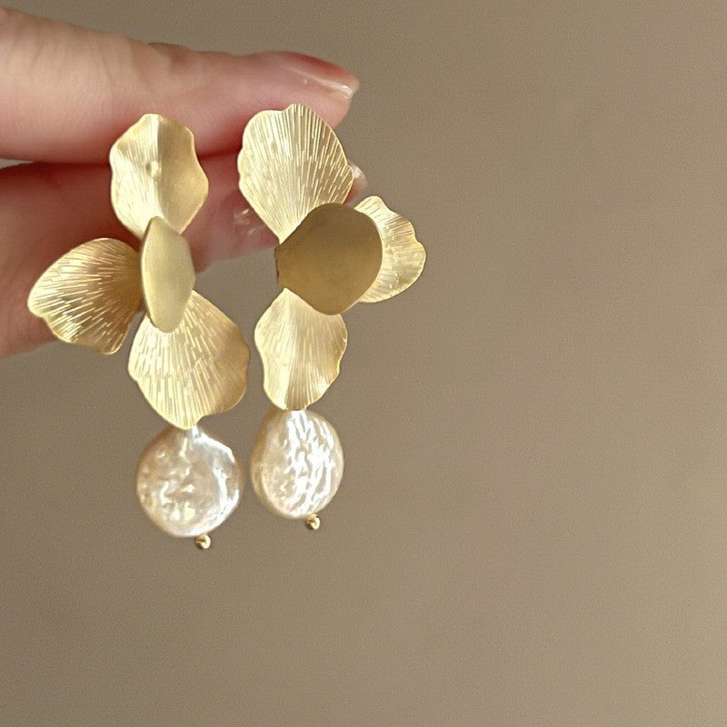 Vintage Geometric Metal Stud Earrings with Round Pearl Accents and Silver-Plated Posts for Women