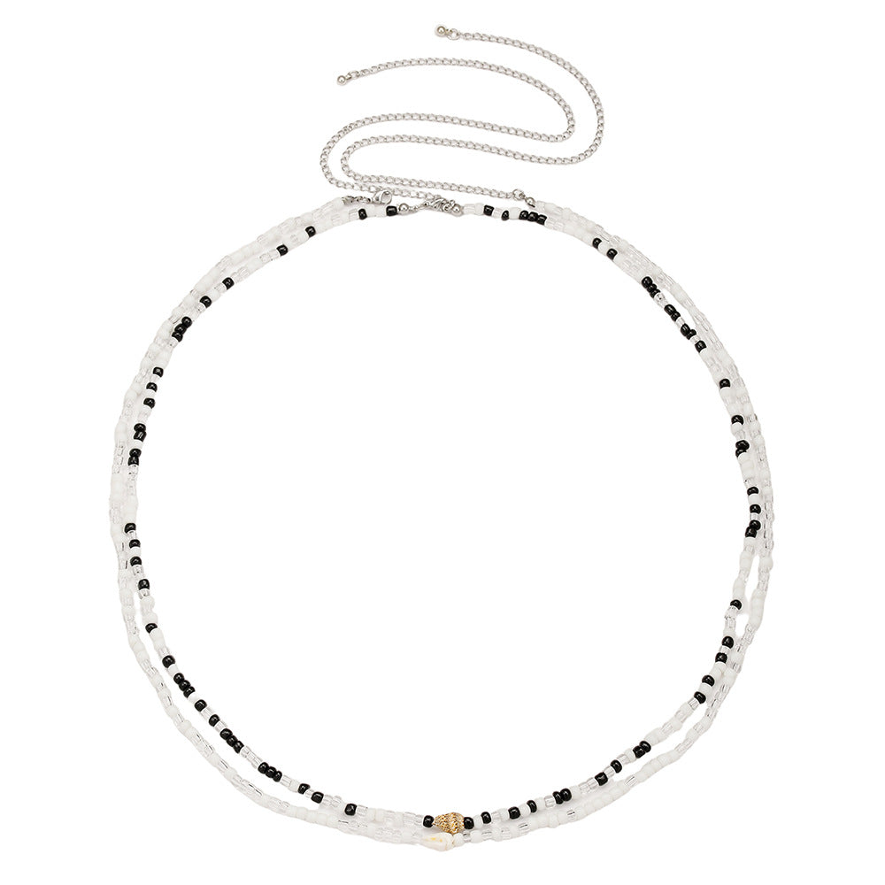 Bohemian Ethnic Geometric Seed Beads Waist Chain with White Crystal Inlay Double Layer Elastic