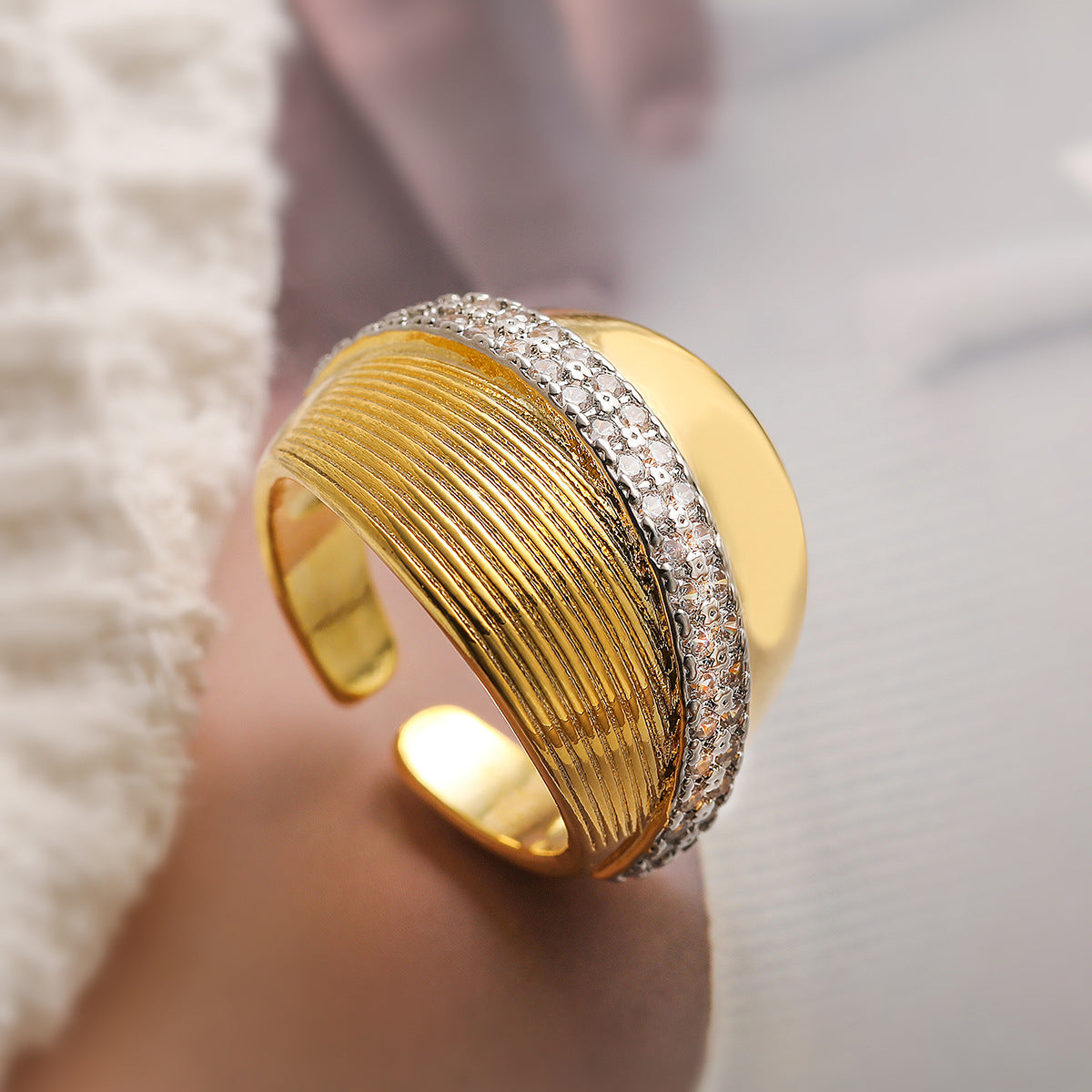 Two-Tone Plated Geometric Open Ring with Cubic Zirconia for Women