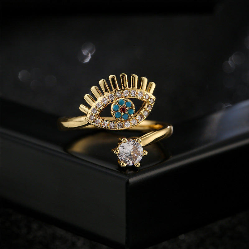 Geometric Micro-pavé Brass Ring for Women Adjustable Evil Eye Design