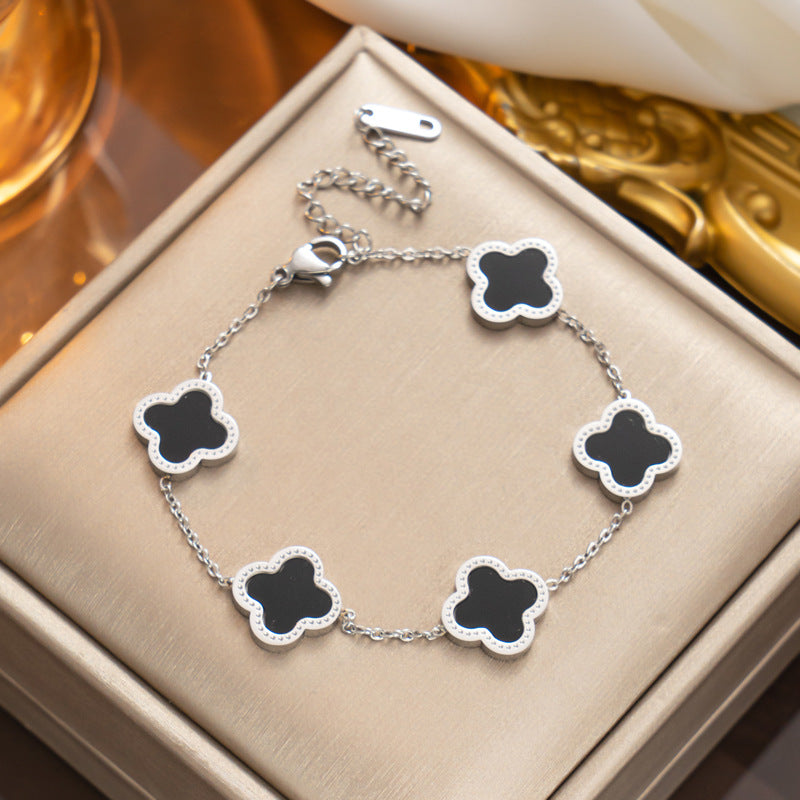 Fashion 18K Rose Gold Plated Titanium Steel Four-Leaf Clover Rhinestone Bracelet for Women