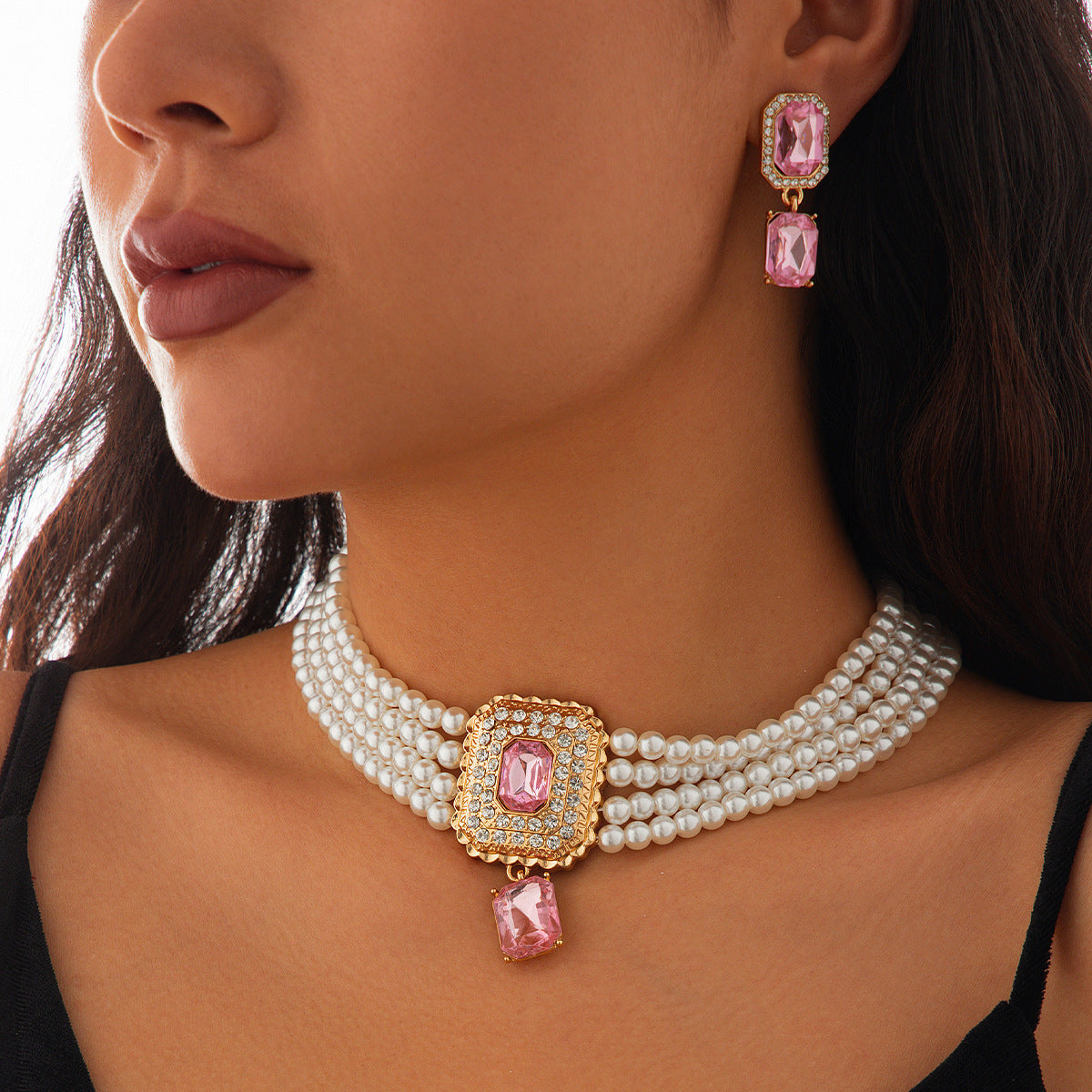 Luxury Multi-Layer Geometric Imitation Pearl Necklace and Earring Set with Triangle and Heart Charms for Women