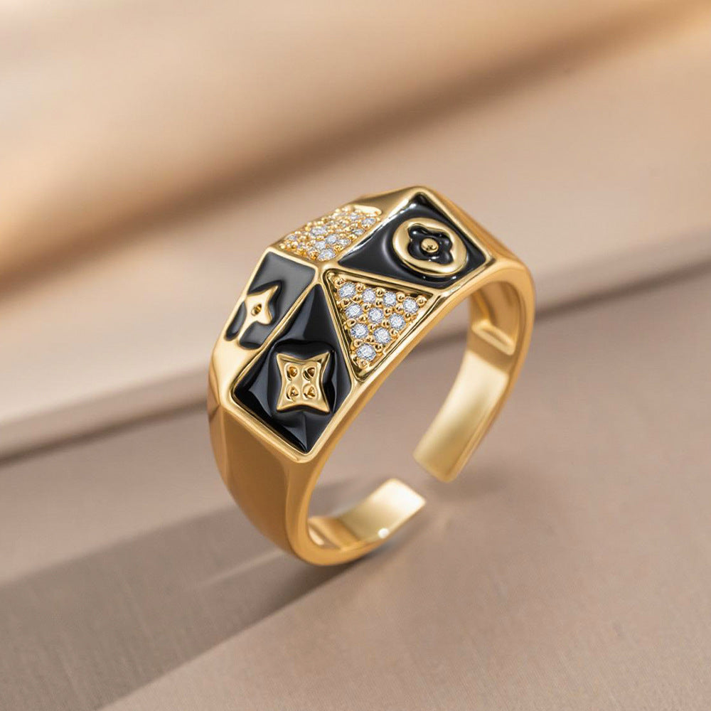 Vintage Court Style 18K Gold Plated Copper Enamel Floral Zircon Open Ring for Unisex
