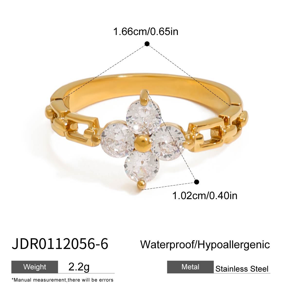 Elegant Geometric Four-Leaf Clover Stainless Steel Ring with Cubic Zirconia Plating for Women