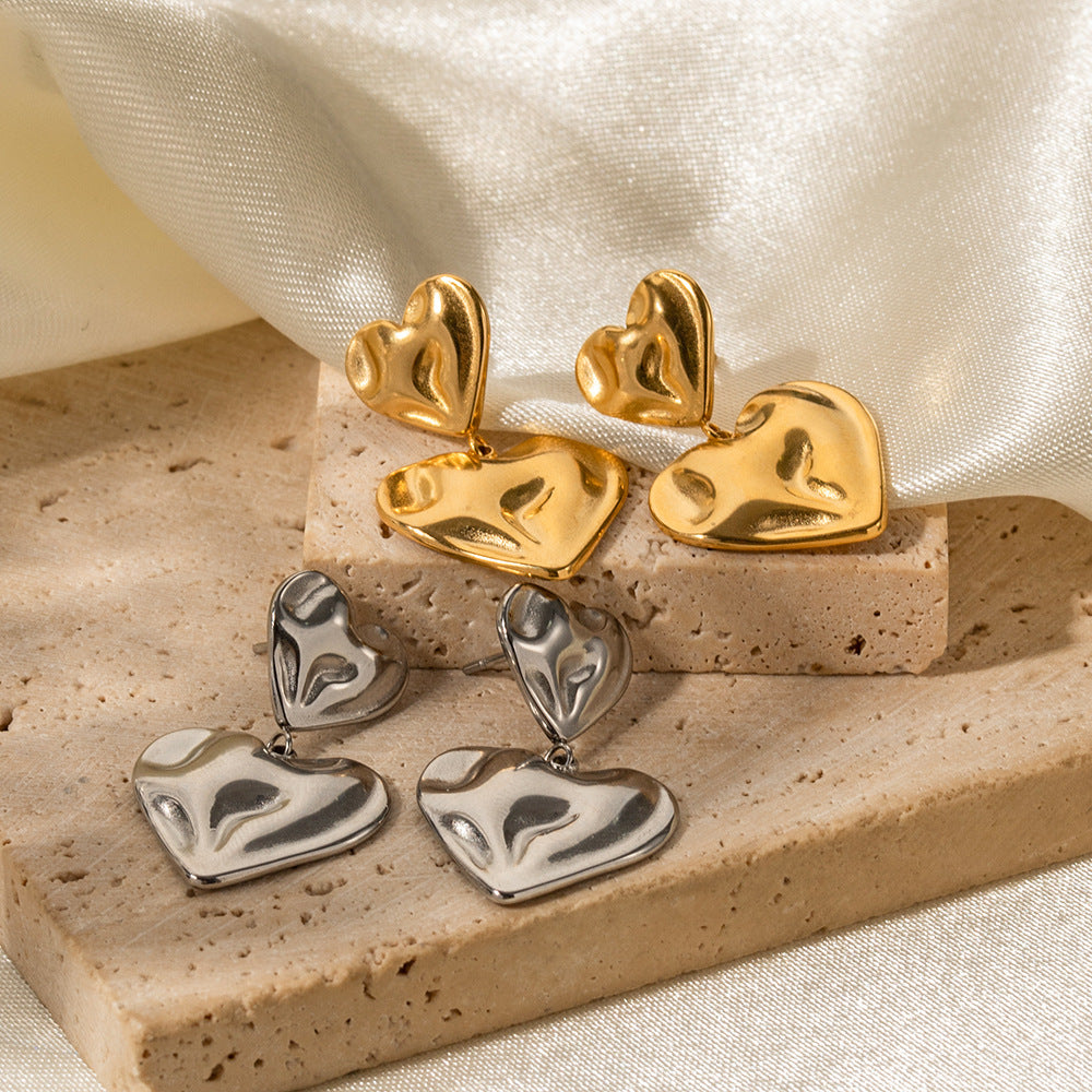 Trendy Ins Style 18K Plated Hammered Heart Pendant Earrings for Women