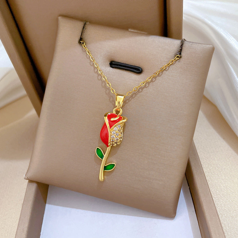 Sweet Geometric Moon Drip Oil Rhinestone Pendant Necklace Titanium Steel Cable Chain for Unisex