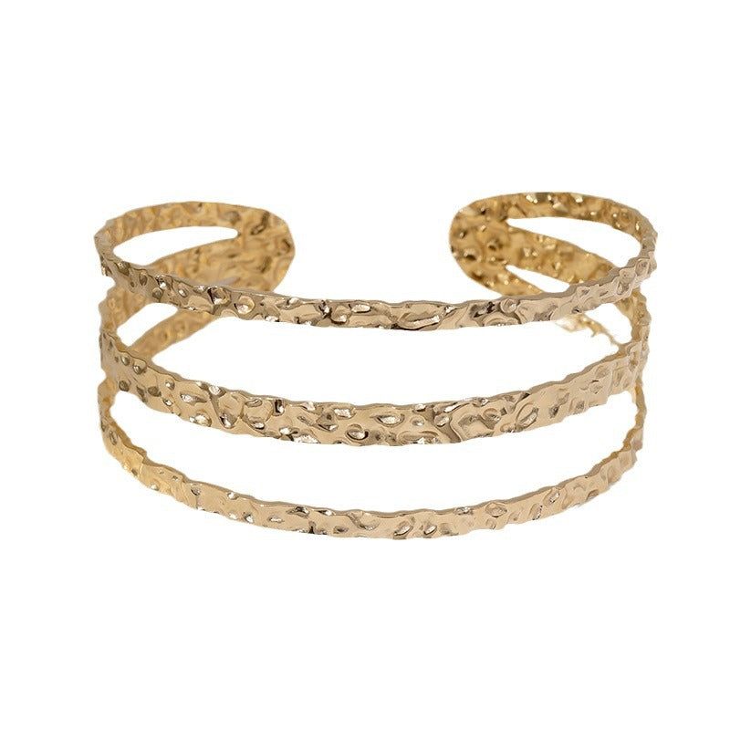 Minimalist Geometric Stainless Steel Bracelet with Irregular Textured Lines for Women