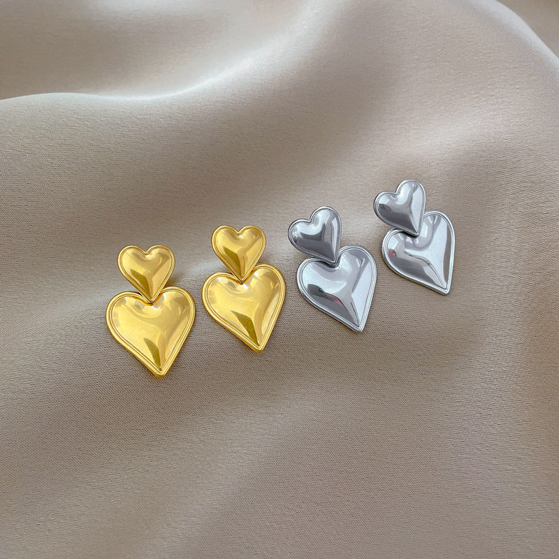 Minimalist Geometric Double Heart Titanium Steel Stud Earrings with Plating Finish for Women