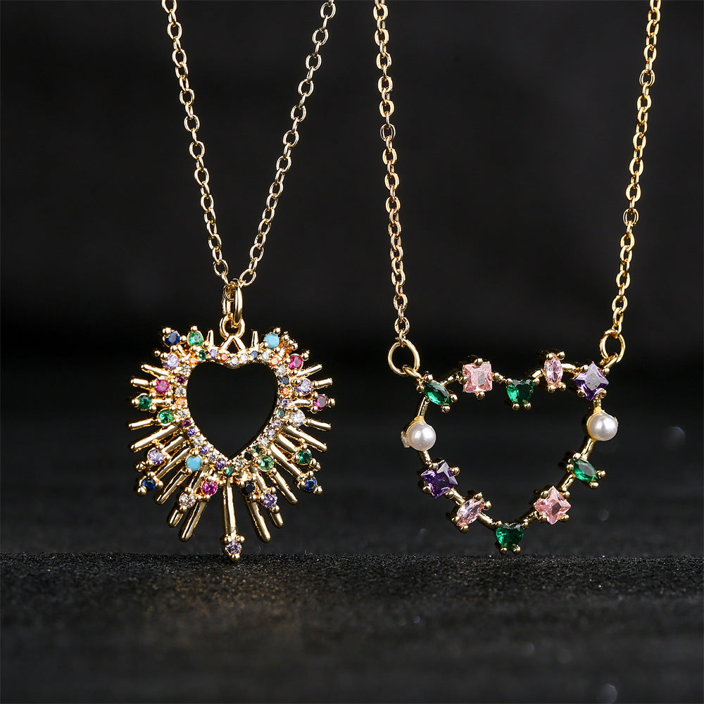 Collana pendente a forma di cuore minimalista in rame placcato oro 18K con zirconi per donna