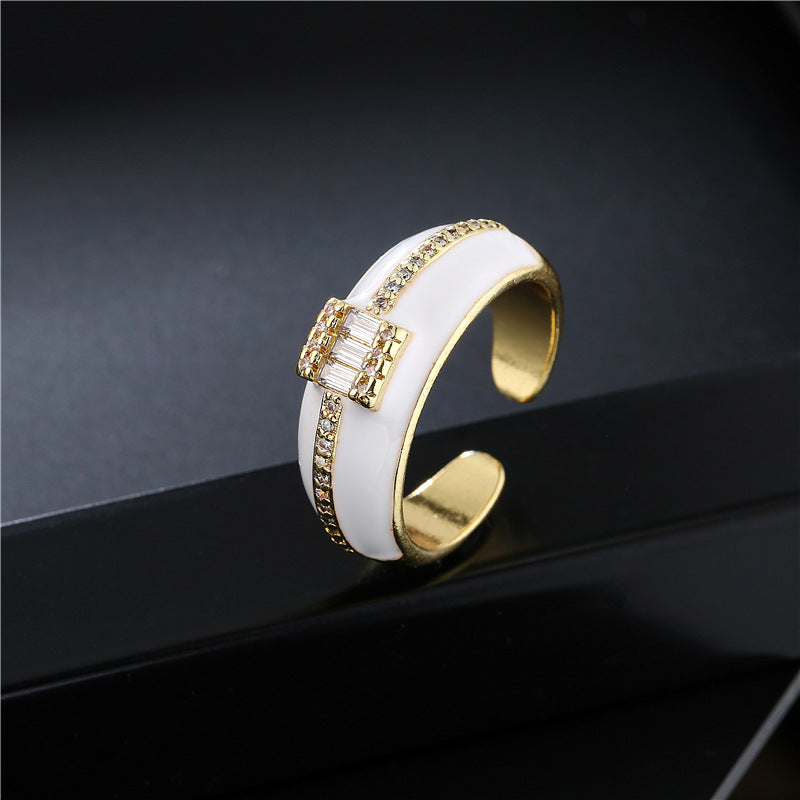 Geometric Micro-inlay Cubic Zirconia 18K Gold Plated Drip Oil Brass Ring for Women