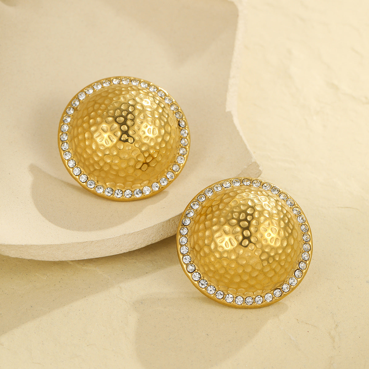 Vintage-Style Geometric Disc Earrings in 18K Gold-Plated Stainless Steel with Rhinestone Inlay for Women