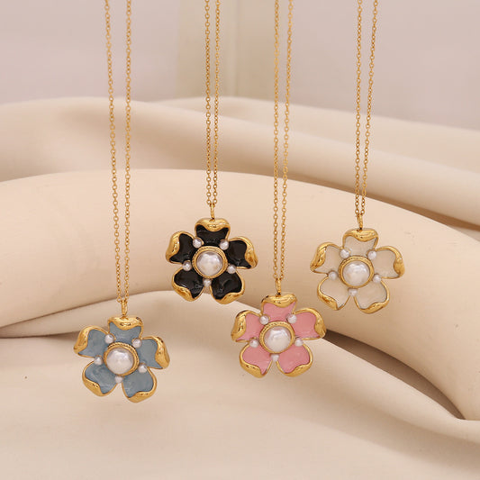 Collar con colgante de acero inoxidable de flor 3D con perlas y flores de moda para mujer