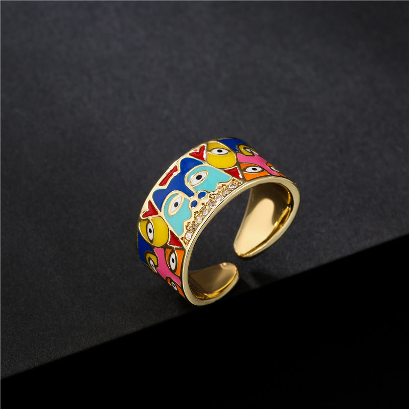 Casual Geometric Drip Oil Brass Ring with Cubic Zirconia for Women