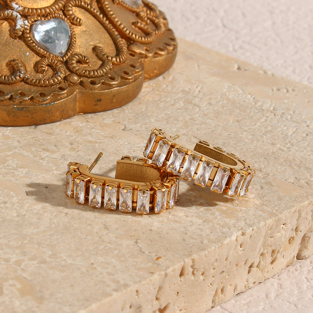 Minimalist Geometric Zirconia Stud Earrings in Stainless Steel with 18K Gold Plating