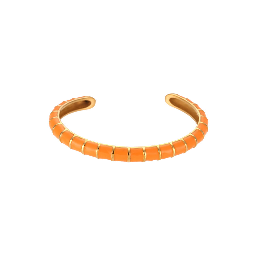 Minimalist Geometric Caterpillar-Shaped Stainless Steel Plated 18K Gold Enamel Open Bangle Bracelet for Women