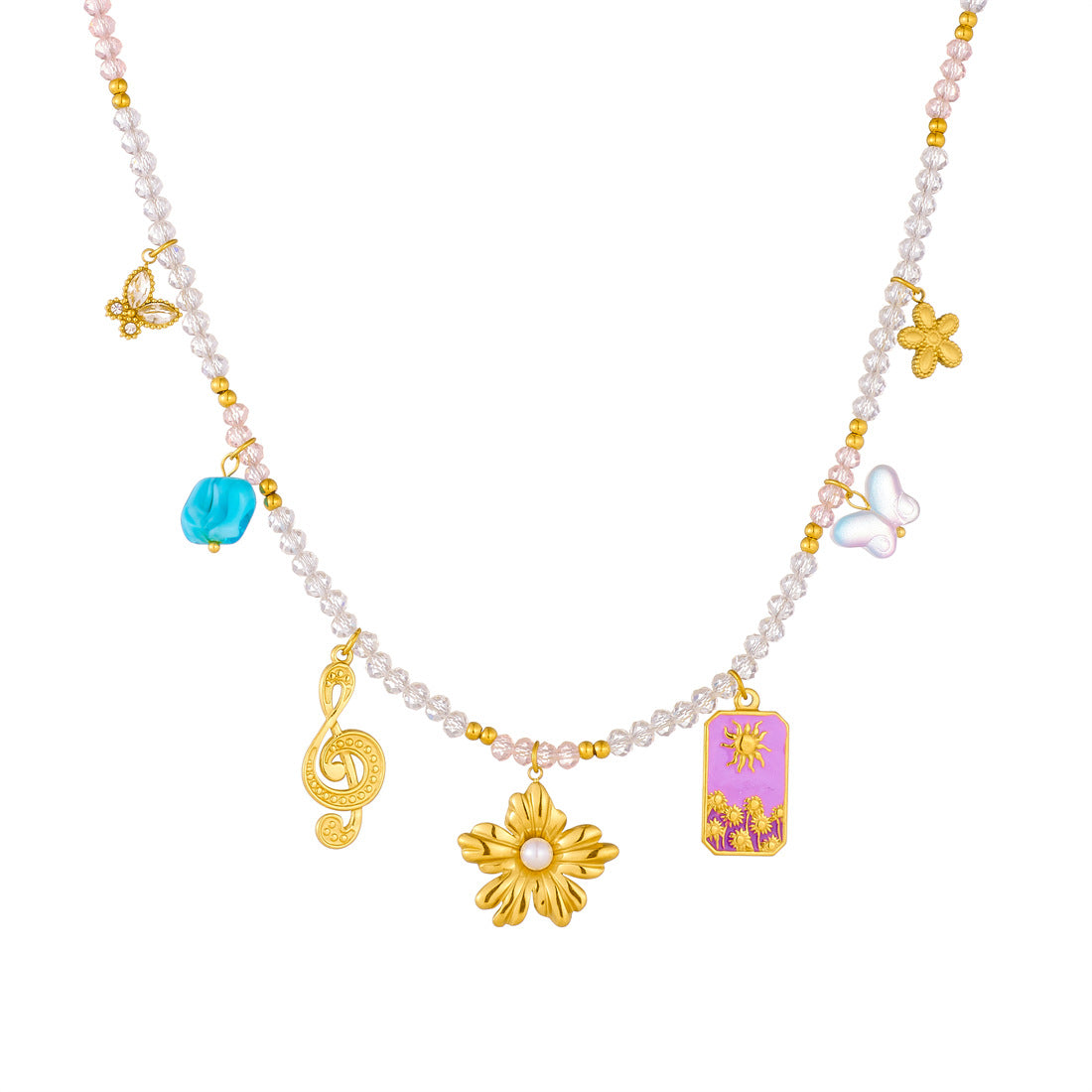Vintage Luxury Geometric Floral Butterfly Drip Oil Stainless Steel Ball Chain Necklace with Music Note Beads for Women