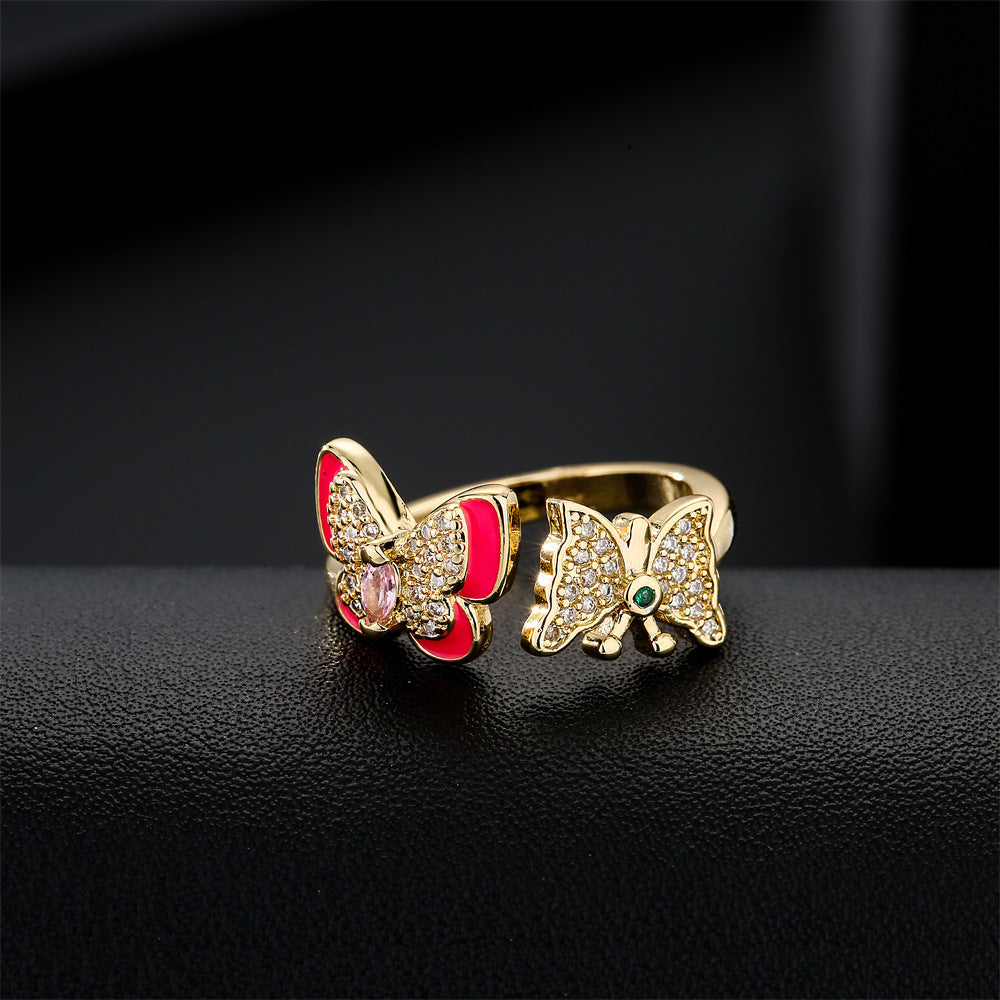 Anello a farfalla aperto stile naturale in rame placcato oro 18K con zirconi micro-incastonati