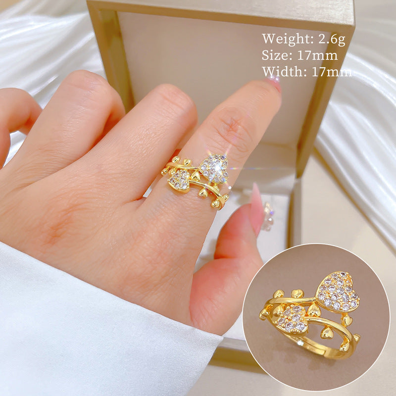 Sweet Gold Plated Heart Cubic Zirconia Adjustable Ring for Women and Men