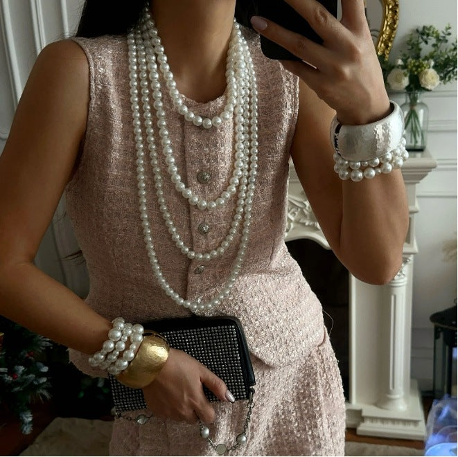 Elegant Multi-Layer Imitation Pearl Beaded Tassel Necklace for Women