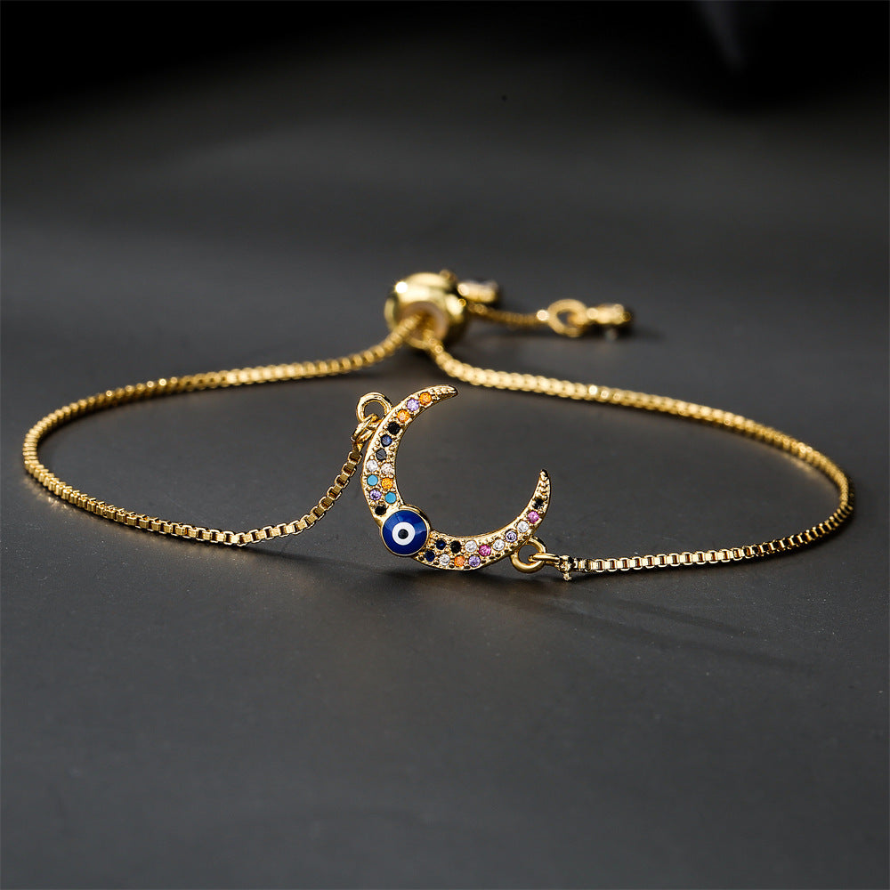 Gold Plated Geometric Brass Box Chain Bracelet with Micro-Inlaid Cubic Zirconia for Women
