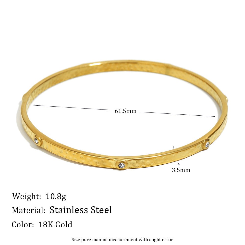 Vintage-Inspired Hammered Texture Stainless Steel Bracelet with 18K Gold Plating and Small Round Rhinestones