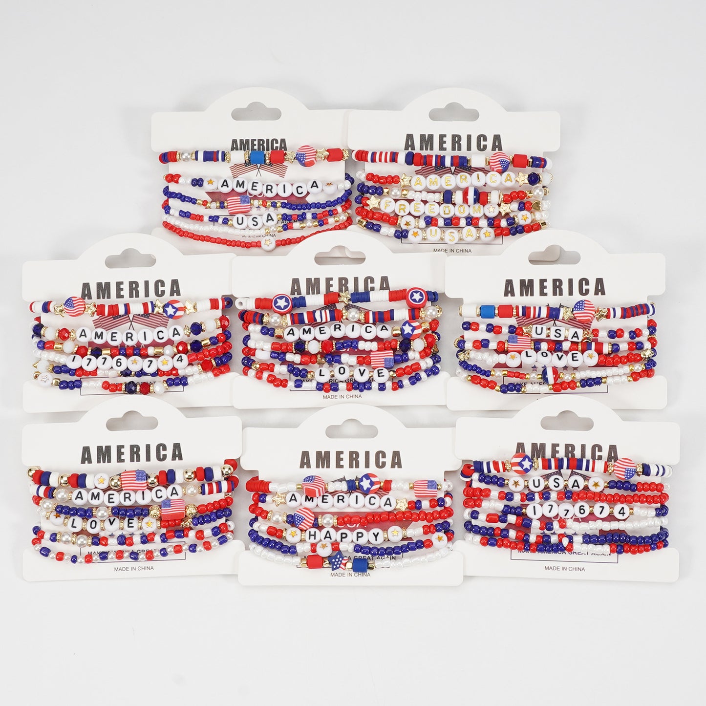 Bracciale Geometrico con Perline di Vetro Unisex con Charm Bandiera Americana Festa dell'Indipendenza