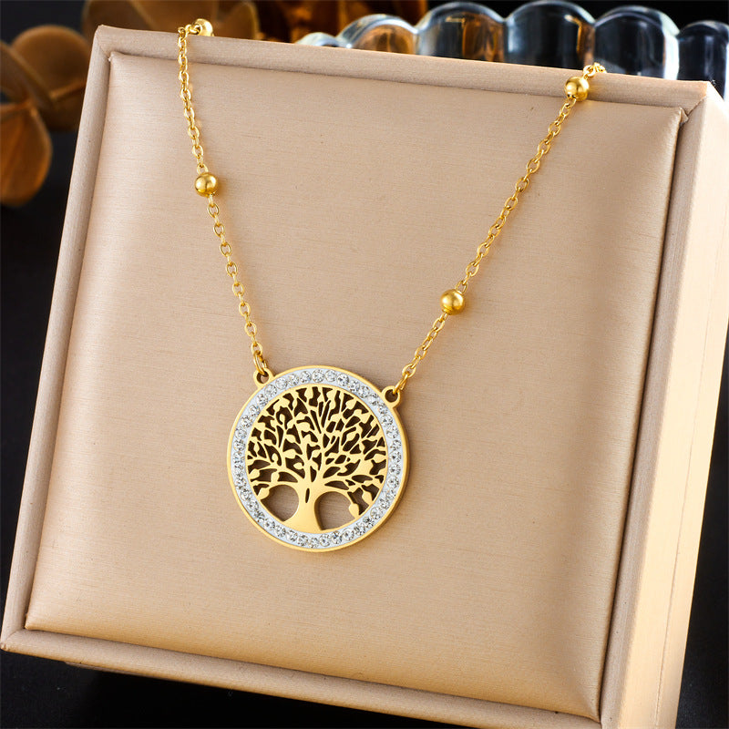 Fashion Office Stainless Steel Plated Round Tree of Life Pendant Necklace and Earrings Set