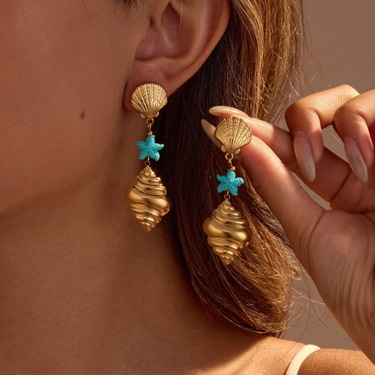 Pendientes de acero inoxidable en forma de estrella y concha, estilo minimalista de moda con acabado chapado para mujer