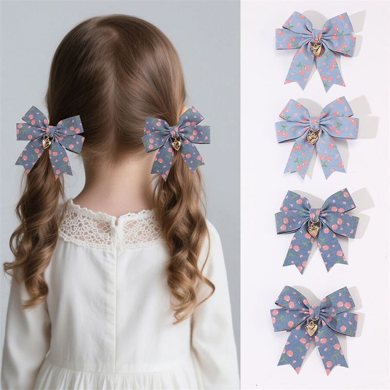 Fermaglio per Capelli a Doppio Strato Fatto a Mano Stile Naturale per Bambine con Stampa Ciliegie Blu e Ciondolo a Cuore in Resina Plastica