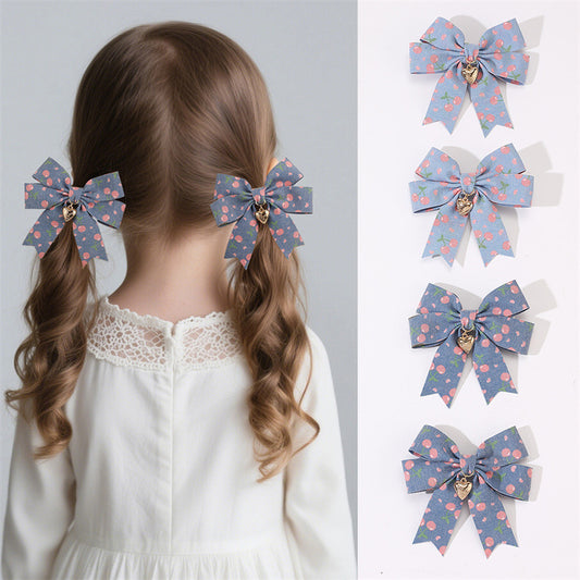 Fermaglio per Capelli a Doppio Strato Fatto a Mano Stile Naturale per Bambine con Stampa Ciliegie Blu e Ciondolo a Cuore in Resina Plastica