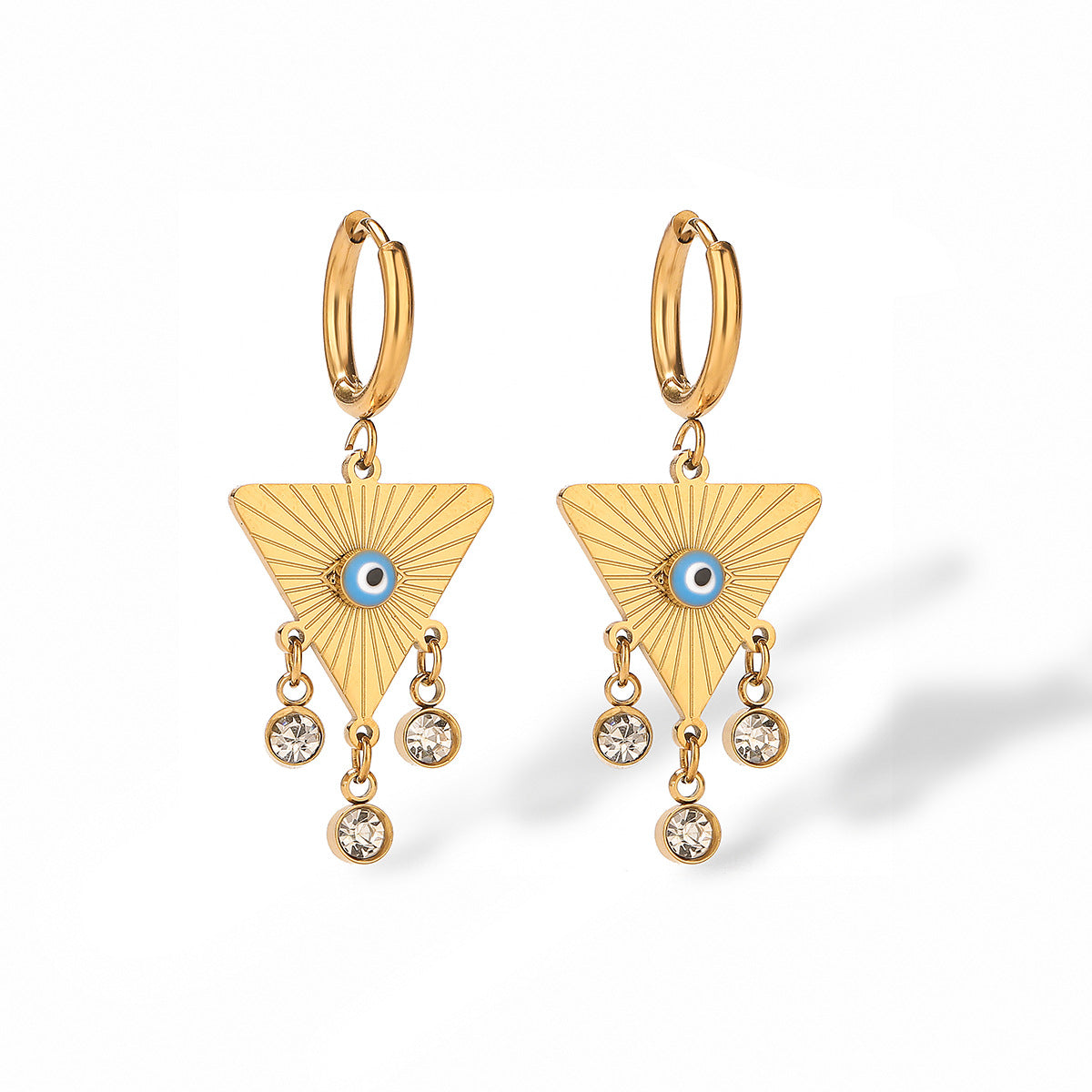 Minimalist Geometric Evil Eye Earrings for Women in Titanium Steel with Rhinestone Inlay and Enamel Finish