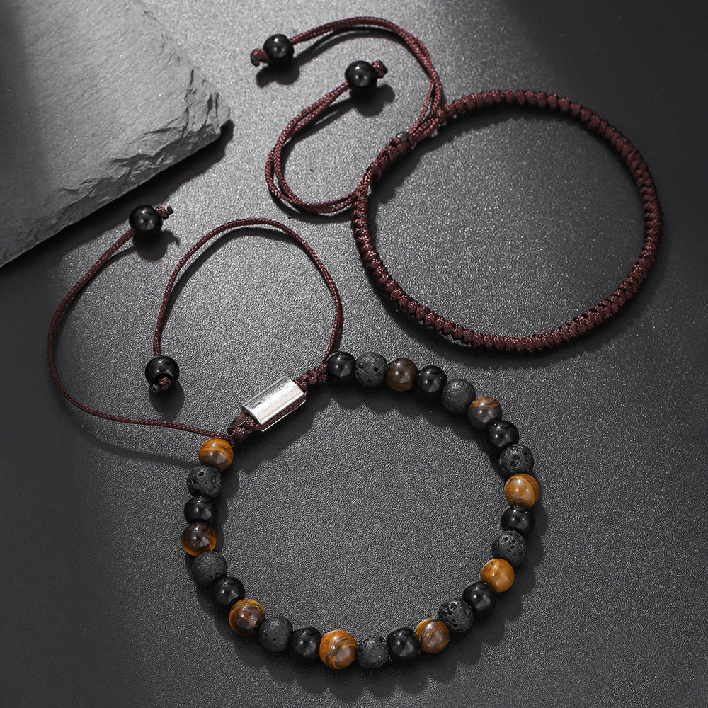 Adjustable Men's Geometric Stone Bracelet with Lava Rock Turquoise and Tiger Eye Beads Handmade Bohemian Style
