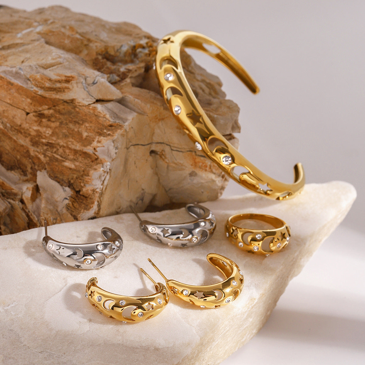 Elegant Geometric Rhinestone Inlay Plated Stainless Steel Hoop Earrings for Women