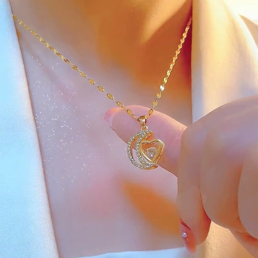 Minimalist Moon and Heart Pendant Necklace for Women in Titanium Steel with Gold Plating, Snake Chain Style