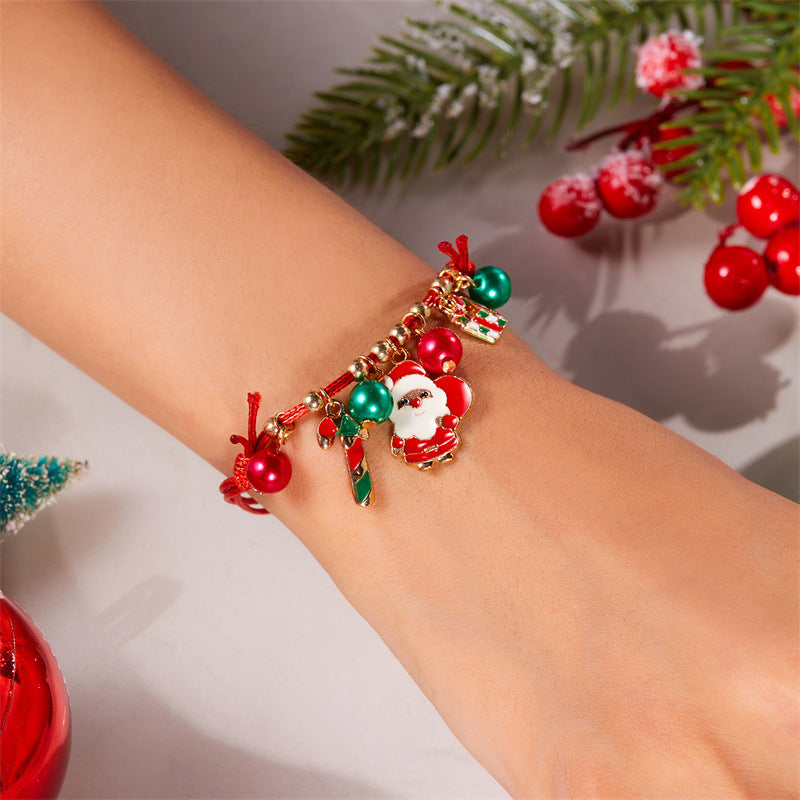 Pulsera trenzada navideña para mujer con colgante de Papá Noel y árbol de Navidad, joyería de aleación para regalo festivo