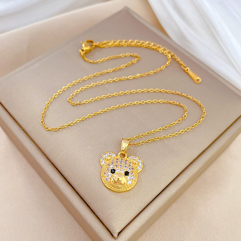 Collana con Ciondolo Orsetto Geometrico in Acciaio al Titanio di Lusso per Donna con Intarsio di Strass, Catena a Serpente Regolabile da 21-50 cm, Gioielli Delicati per Clavicole