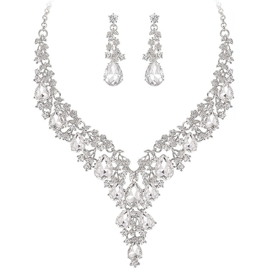 Fashionable Waterdrop-Shaped Rhinestone Pendant Necklace and Earrings Set with O-Chain for Women