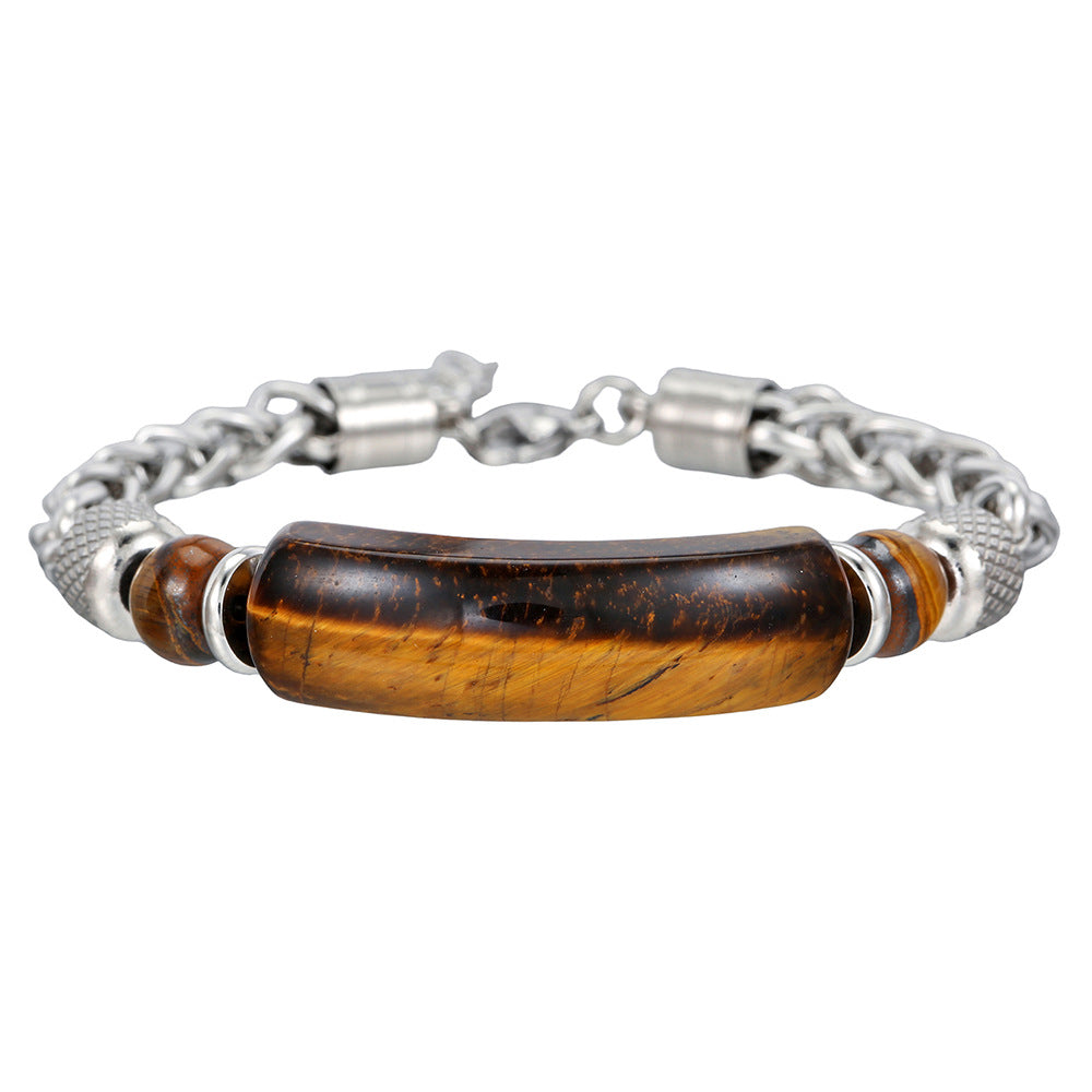 Geometric Stainless Steel Bracelet with Natural Agate and Turquoise Beads for Men and Women
