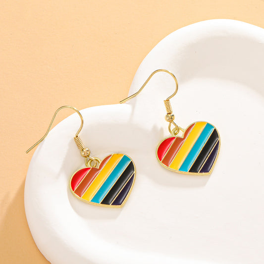Pendientes de aleación con forma de corazón, arcoíris, rayas y efecto goteo minimalista para mujer