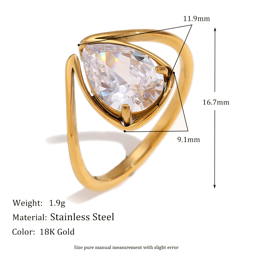 Minimalist Geometric Stainless Steel Ring with 18K Gold Plating and White Zirconia for Women