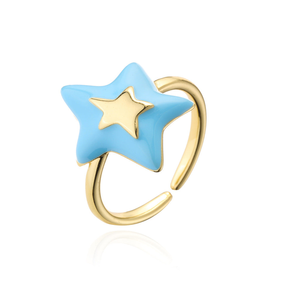 Minimalist Irregular Five-Pointed Star Open Ring for Women in Copper with 18K Gold Plating and Enamel Finish