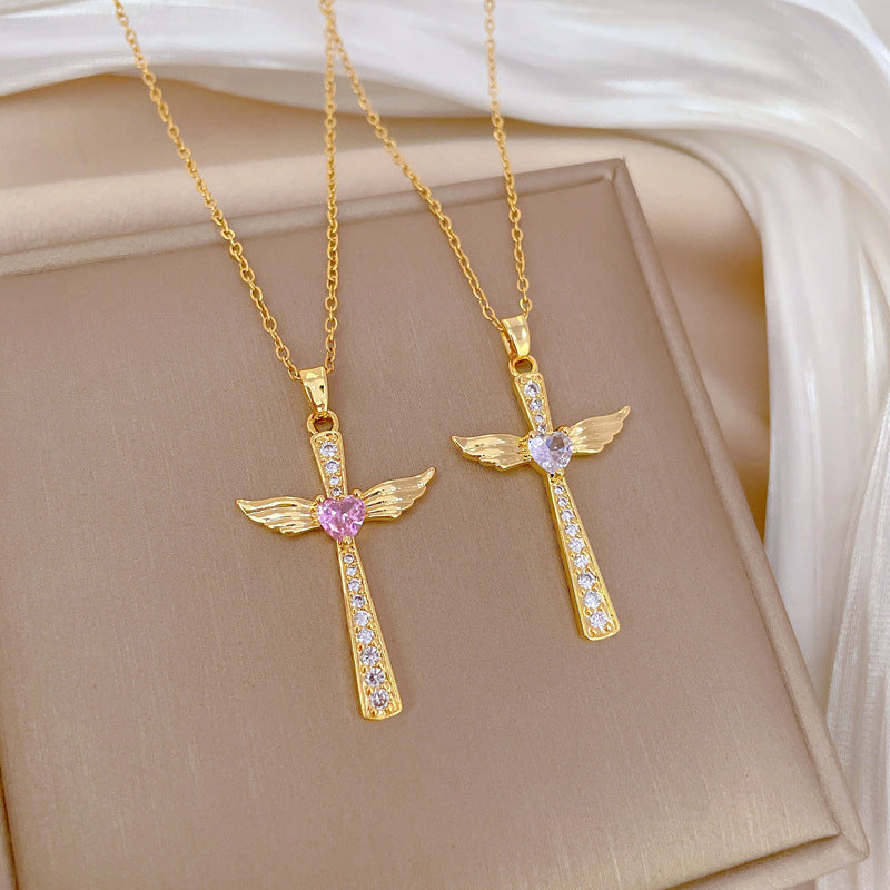 Luxury Titanium Steel Wing Cross Pendant Necklace for Women with Rhinestone Inlay Geometric Design Adjustable Clavicle Chain