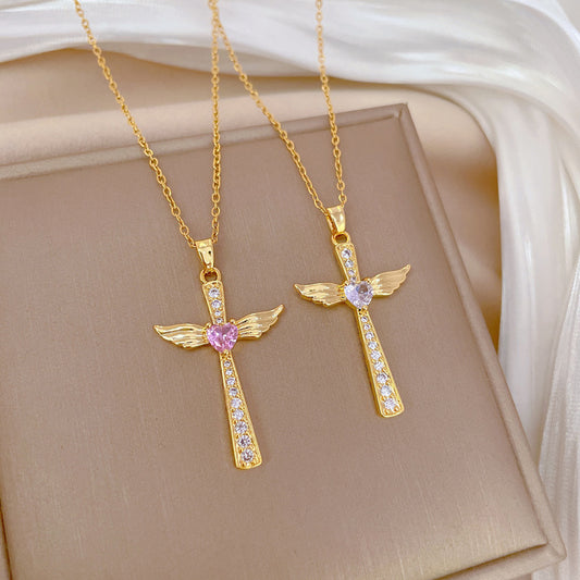 Luxury Titanium Steel Wing Cross Pendant Necklace for Women with Rhinestone Inlay Geometric Design Adjustable Clavicle Chain