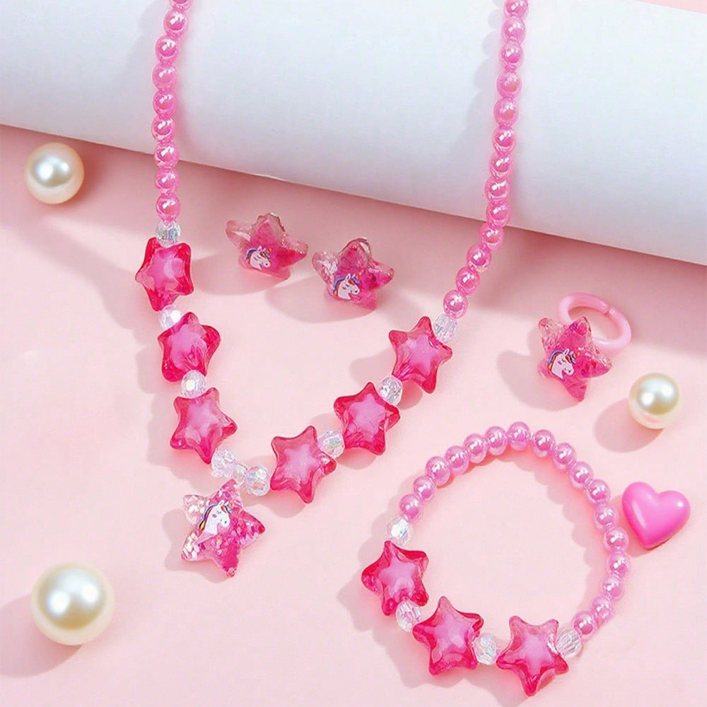 Set de collar de mariposa estilo caricatura para niños con dije de resina en cadena de cuentas con formas de corazón, estrella y flor